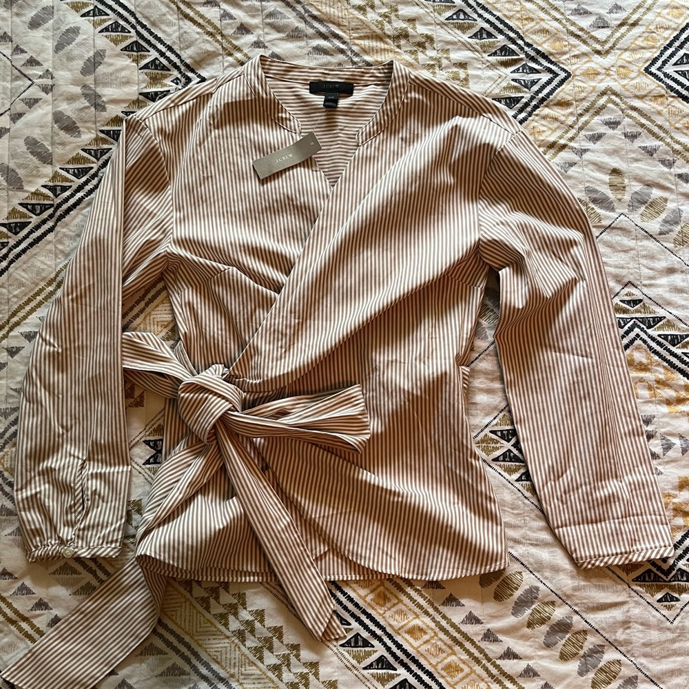 NWT J. Crew Tan Striped Wrap Blouse